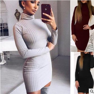 Maikun New Brand Women High Collar Slim Pure Color Long-sleeve Wool Dress 3 Colors 5 Sizes