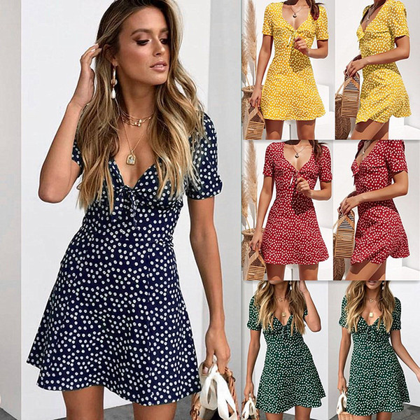 Maikun New Brand Fashion Polka Dot Print V Collar Short Sleeve Dress for Women 4 Colors 4 Sizes