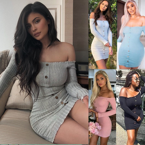Maikun Brand New Fashion Cotton Off Shoulde Dress for Women Sexy Penalled Button Long Sweater Dress
