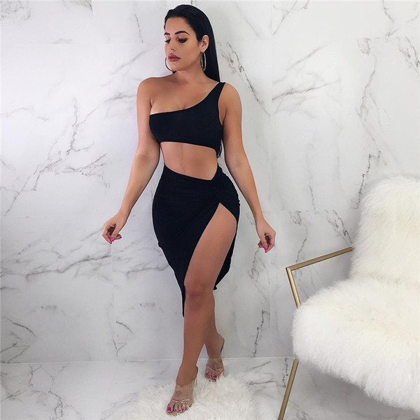 Maikun New Brand Irregular Side Split Sleeveless Dress Fitted Skinny Two Sets of Vest Dress 4 Colors 4 Sizes