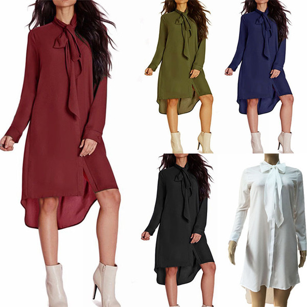 Maikun Brand New Sexy Chiffon Irregular Hem Dress for Women Fashion Round Collar Long Sleeve Skirt 5 Colors 5 Sizes