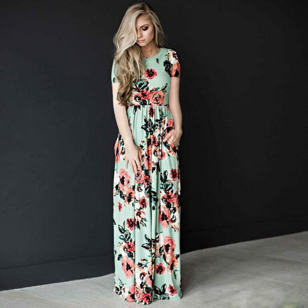 Maikun Fashion Floral Pattern Short Sleeve Pendulum Long Skirt Dress for Women 5 Colors 6 Sizes