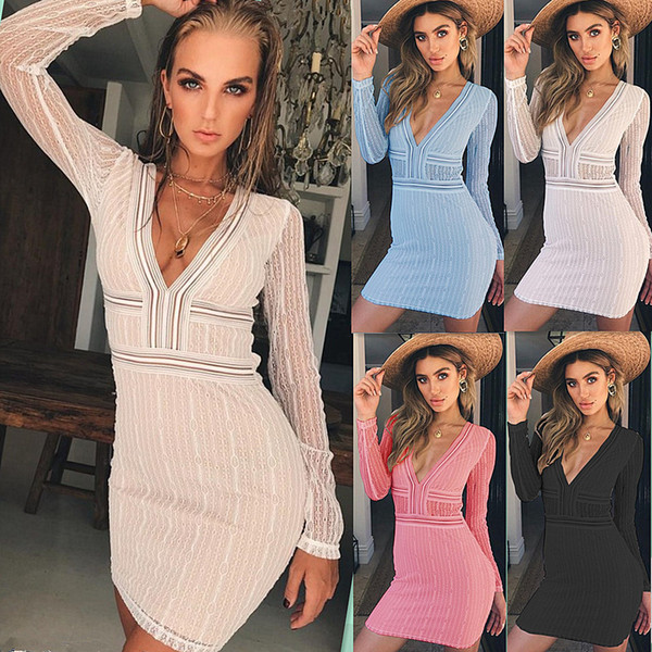Maikun Brand New Sexy Lace Stitching Dress for Women Fashion Stripe Pattern V neck Long Sleeve Dress