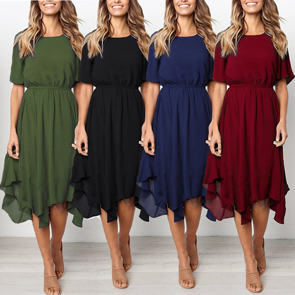 Maikun New Brand Fashion Round-collar Short Sleeved Irregular Skirt Dresses for Women 4 Colors 4 Sizes