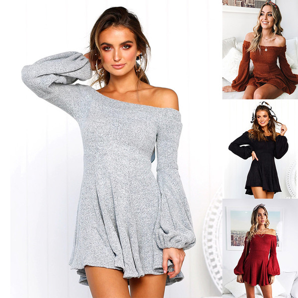 Maikun New Brand Fashion Pure Color Long Sleeve Off Shoulder knee length warm Dresses for women 4 Colors 4 Sizes