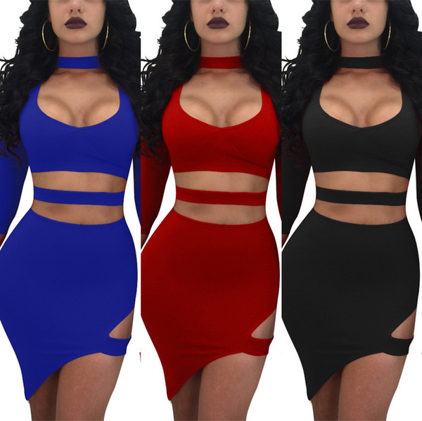 Maikun fashion dress Sexy Hollow Out Dress Nightclub Deep V-neck Irregular Skirt for Women 3 colors