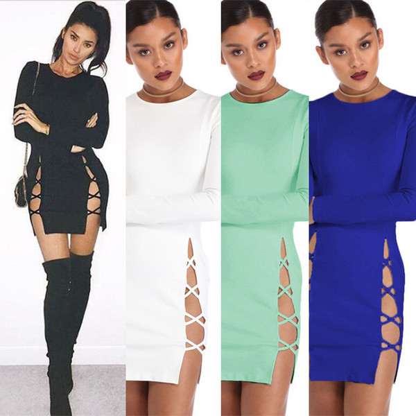 Maikun New Brand Sexy Pure Color Dress Long Sleeve Mesh Hollow-out Skirt 3 Colors 4 Sizes
