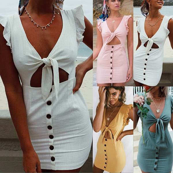 Maikun Brand New Short Sleeves Button Dress for Women Fashion V Neck Skinny Button Skirt for Female