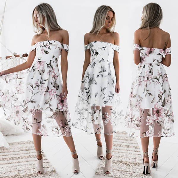 Maikun Brand New Floral Printed Off Shoulder Strapless Yarn fashion Dress for Women 5 Sizes S-2XL