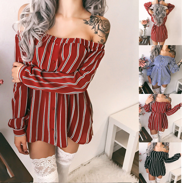 Maikun Brand New Fashion Sexy Off Shoulder Long Sleeve Striped T-shirt Dress for Women 4 Colors 5 Sizes