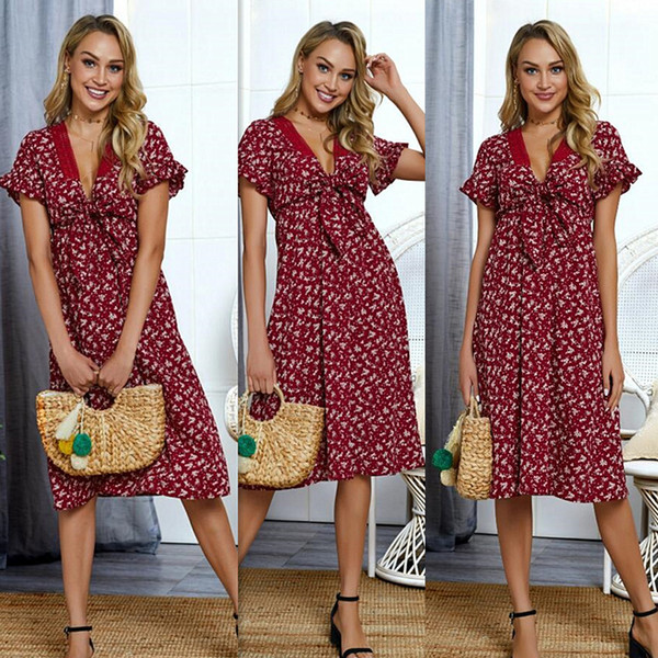 Maikun Brand New Floral Printed Dresses for Women Fashion V Neck Short Sleeve Dress for Female