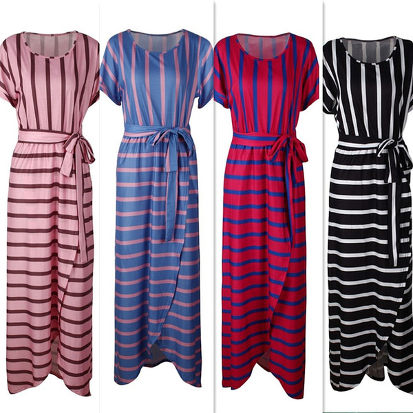Maikun Brand New Fashion Striped Long Dress for Women Sexy Round Collar Short Sleeve Skirt for Female