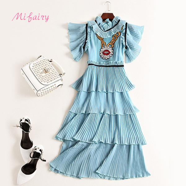 Runway Dress 2017 Light Blue Ruffles Collar Short Sleeves Women's Dress Pleats Sequins Cascading Ruffles Celebrity Style Dress M061751