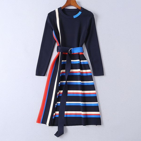 2019 striped knitted long Sleeves Mrmaid Women Holiday Dress Brand Same Style Sashes Milan Runway Dress 11903