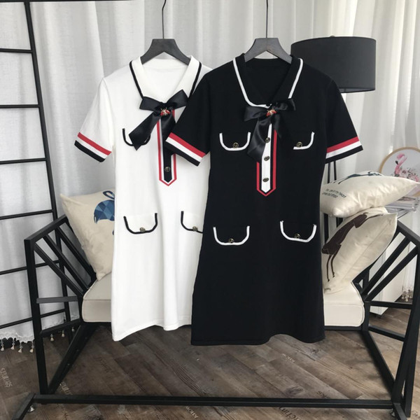 2019 Black/White Bow Collar Short Sleeves Short Women's Knitting Dress Designer Buttons Pockets Long Pullovers Womens 201905