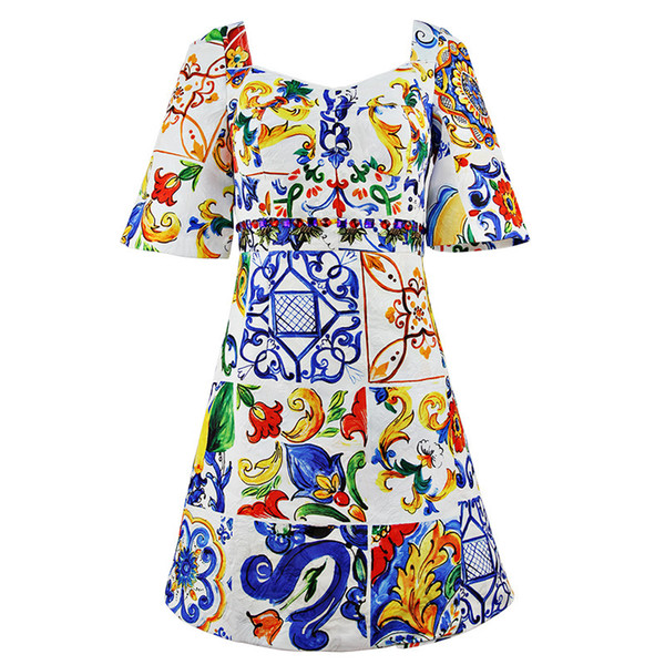 Milan Runway Dress Autumn Square Neck Short Sleeves Women's Dress ceramic Print Beads Crystals Brand Dress DH082208