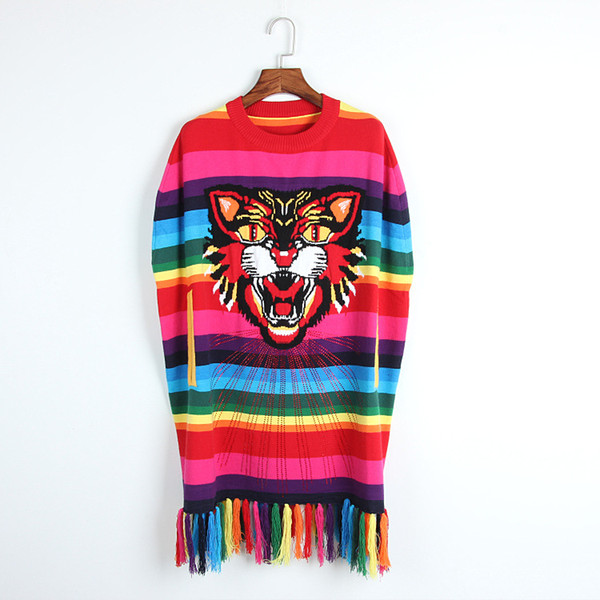 Runway Dress 2017 Rainbow Tiger Embroidery Tassels Long Women Knitting Dress High End Striped Long Pullovers Women DH074