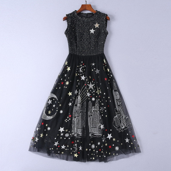 Black O Neck Sleeveless Mesh Designer Dress Milan Runway Stars Moon Print Embroidery Dresses Womens 90385