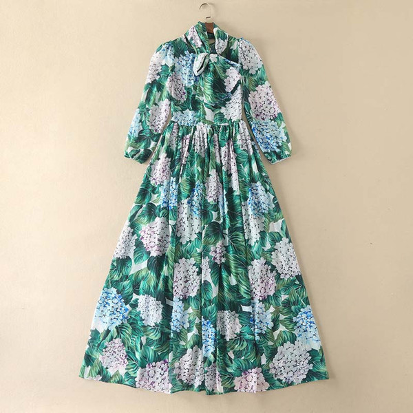 Runway Dress 2017 Green Florals Hydrangea Print Long Women Dress Long Sleeves Bohemian Holiday Maxi Dress M061775