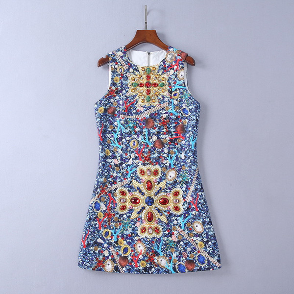 Summer Blue Sleeveless Jacquard Short Women's Dress Blueberries Print Beads Sequins A Line Short Women's Dress 062412