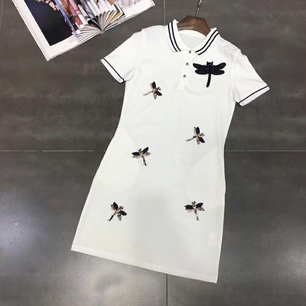 2018 Black/Whte/Red Lapel Neck Short Sleeves Mini Women Dress High End Buttons Dragonfly Applique Bodycon Dresses Women DH10