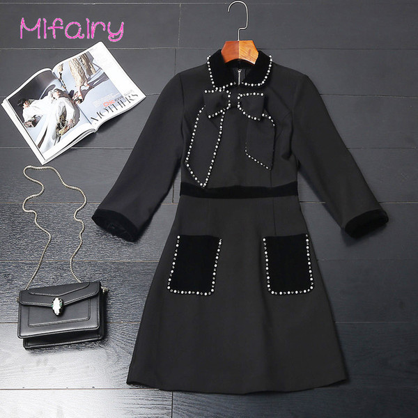 Mifairy 2017 Dark Gray Notched Short Sleeves Bow Crystals Celebrity Style Dress High End Pocket Vestidos De Festa 100120