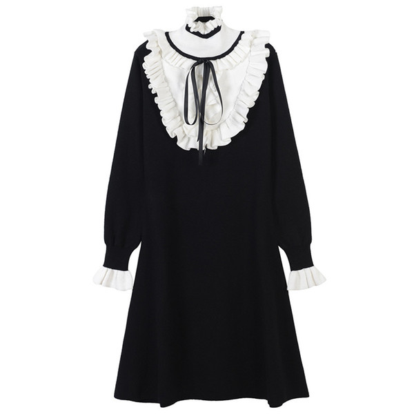 2018 Black White Patchwork Stand Long Sleeves Long Pullover Women Brand Same Style Ruffles Bow Knitting Long Dresses Women 110104