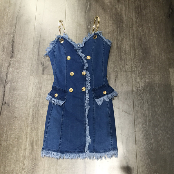 Milan Runway Dress Chain Spaghetti Straps Jeans tassel Short Women's Dress Sexy Buttons Dresses DH25