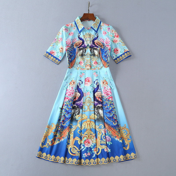 Mifairy Runway Dresses Summer peacock Print Turn-down collar Short Sleeves High Quality Women's Dress Vestidos De Festa DH61