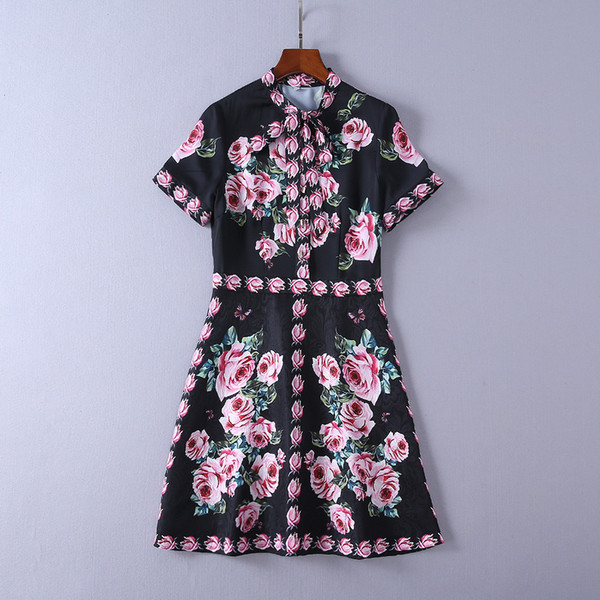 Mifairy Runway Dresses Autumn Pink/Black Rose Print Ribbon Short Sleeves High Quality Women's Dress Vestidos De Festa DH082005