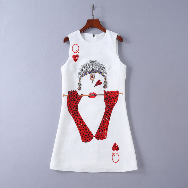 White Sleeveless Jacquard Short Women's Dress Red lip love Print Beads Sequins A Line Short Women's Dress 062407