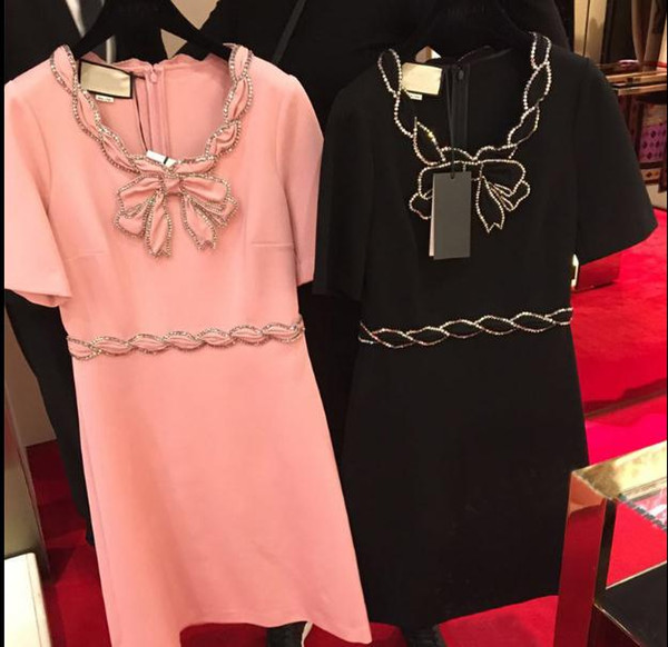 2018 Black/Pink Scoop Neck Short Sleeves Short Women Dress High End Bow Crystals Beads Brand Vestidos De Festa g15