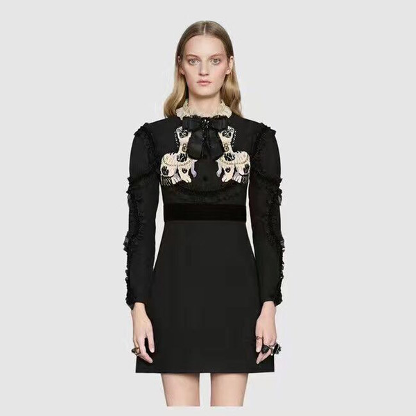 2017 Black Dogs Embroidery Women's Dress Autumn Stand Long Sleeves Bow Ruffles Vestidos De Festa DH0104