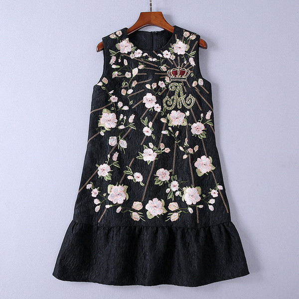 Autumn Black Sleeveless Jacquard Short Women's Dress Flowers Print Beads Sequins A Line Short Women's Dress DH082207