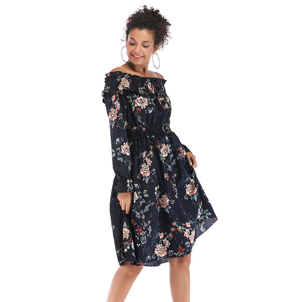 New Word Collar Off-the-shoulder Floral Dress Long-sleeved Temperament Chiffon Skirt Female Fashion Trend Popular Female jooyoo