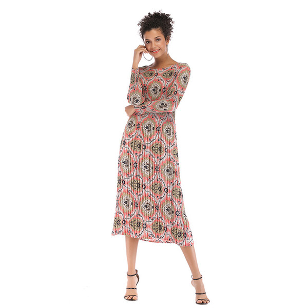 Retro Women's Chiffon Print Dress Women Long-sleeved Waist Slimming Long Paragraph Skirt Female Popular Popular Trend jooyoo