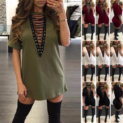 3XL Cotton Blend Soft Breathable Summer T-shirt Dresses V Neck Loose Casual A line Skirt Bust Bandage Sexy Dresses