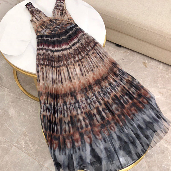 Leopard Dresses Women Elegant Party Dress Pleated A-line Evening Deep V-Neck Sleeveless Print Dress Woman