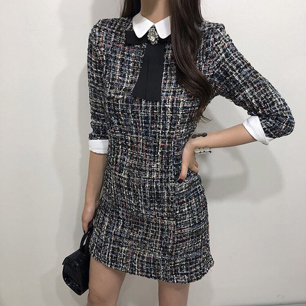 Front Bow Tie Dresses Winter Autumn Runway Long Sleeve Turn Down Collar Women Dress Bodycon