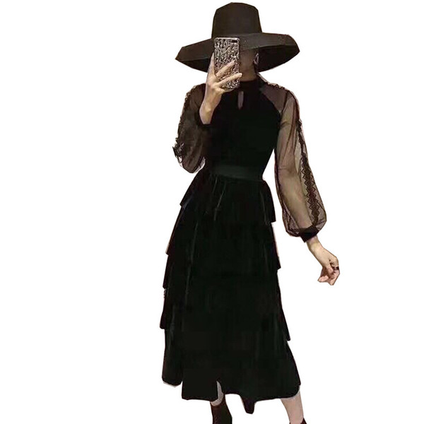 Designer Dresses Women New Style Black Long Dress Spring Hollow Out Long Sleeve Elegant Midi Dress Woman