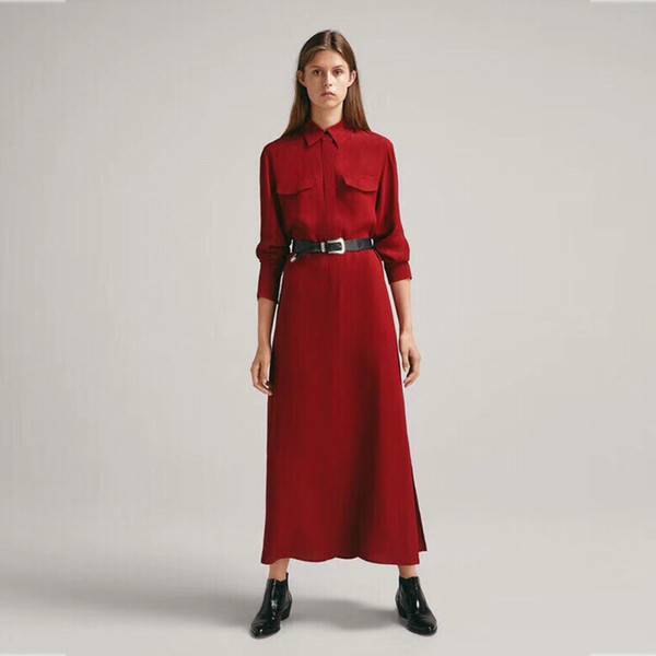 Button Red Shirt Dress Women Runway Autumn Long Dresses Elegant Party Long Sleeve Belt Dress