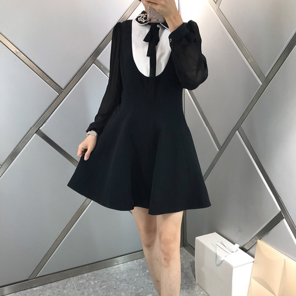 Black Bowtie Dress Women Fashion A-line Mini Long Sleeve Style Autumn Solid Slim Dresses Female Turn Down Collar