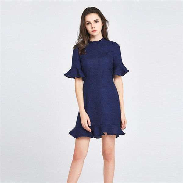 Designer Ruffle Dresses With Flared Sleeve Casual Fashion New Style Sexy Back Hollow Straight Solid Dress