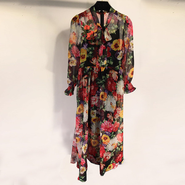 New Arrivals Women Vintage Long Dress Ladies Bow Tie Neck Retro Floral Printing Dresses Women Fashion A Line Dress