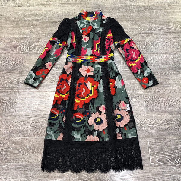 High Quality Designer Dresses Long Sleeve Fashion Dress Autumn Women Elegant Vintage Lace Patchwork A-line Party Dress O Neck