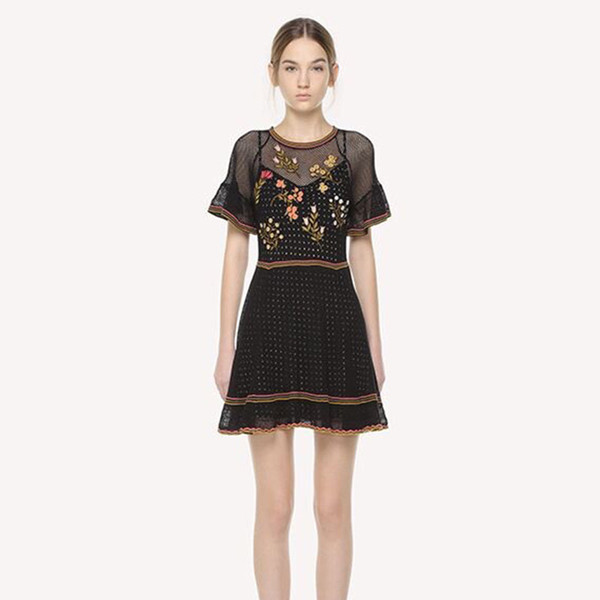 Flower Embroidery Dress Black Ladies Designer Mini Dresses Runway Short Sleeve Fashion Dress Spring Women