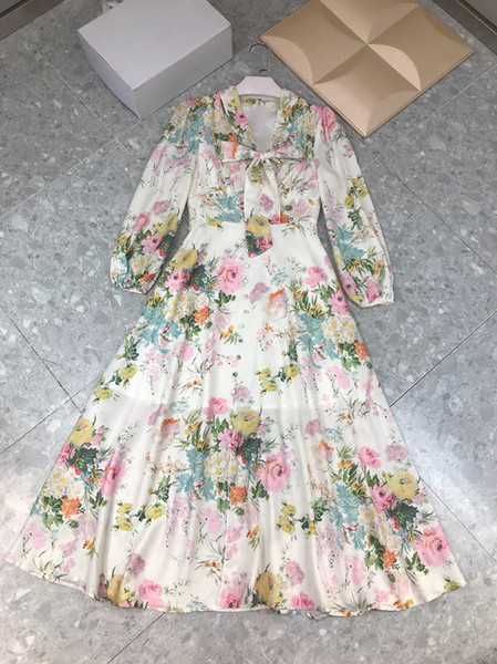 Fashion Women Floral Printed Dresses Style Sexy Women Autumn Bow Tie neck Dresses Casual Boho Long Dress Ladies