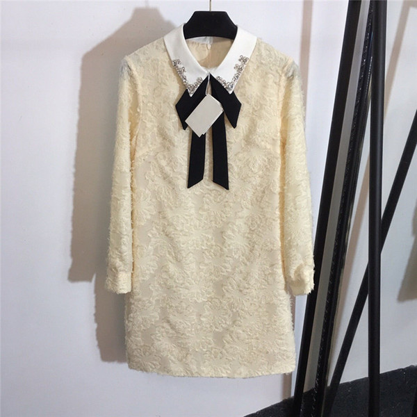 Black Bow Tie Dress Women Fashion Runway Designer New Vintage White Collar Dress Long Sleeve Casual Party Bodycon Dresses Female