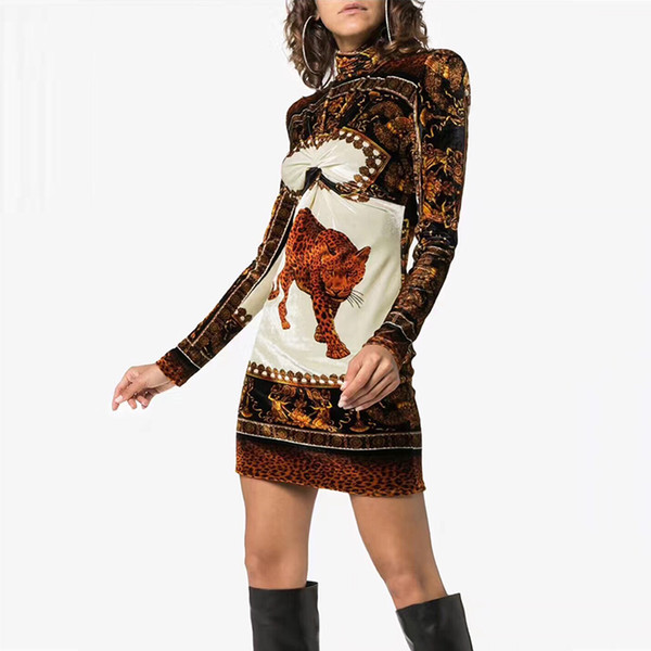 Leopard Animalier Print Dresses Women 2018 Runway Signature Velvet Dress New Fashion Turtleneck Long Sleeve Mini Dress In The Wild Leopard