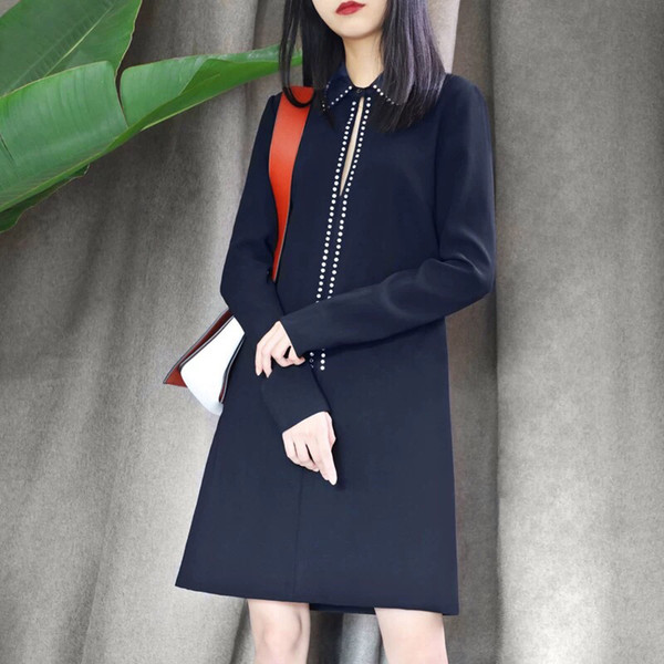 Women Black Dress Knee Length Women Runway Dresses Turn-down Collar Long Sleeve Autumn Casual Female Straight Dress